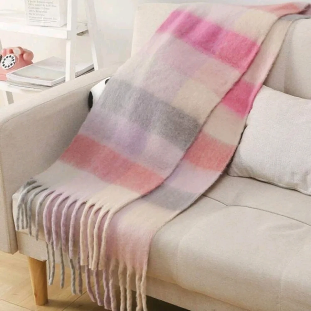 Soft Plaid Pink Multicolored Checkered Scarf With Fringes
